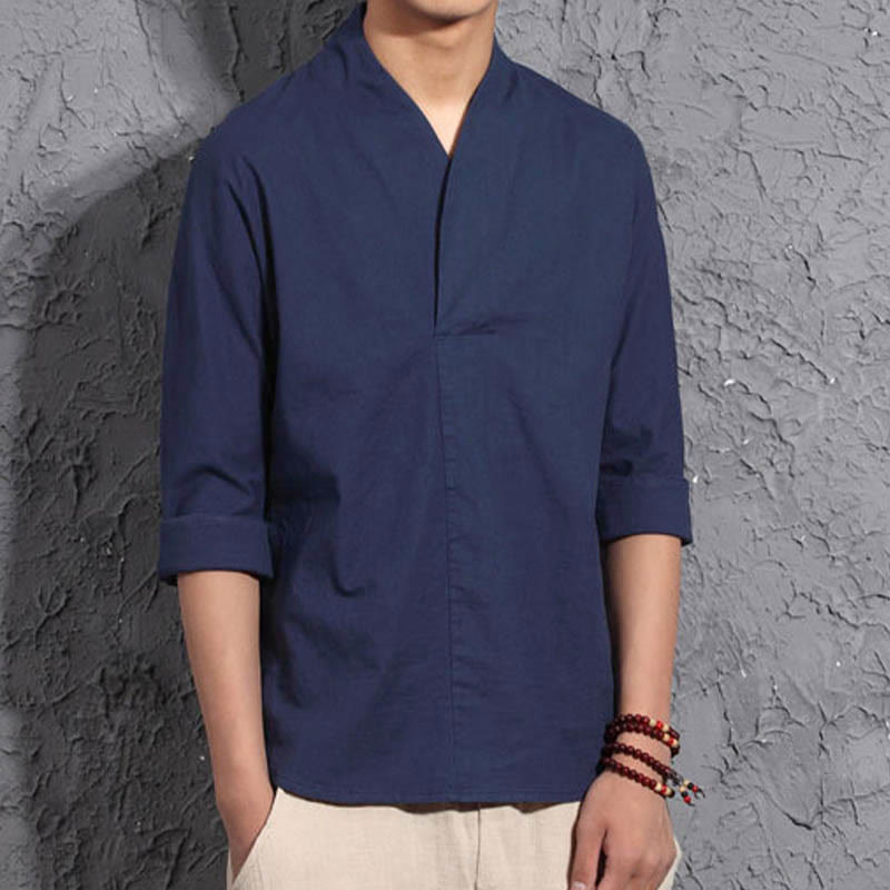 Nimara Ritual Casual V-Neck Three Quarter Sleeve Shirt Men Clothing