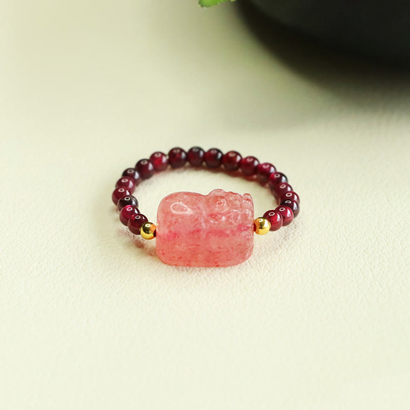 Nimara Ritual Garnet Beads Strawberry Quartz Pixiu Protection Ring