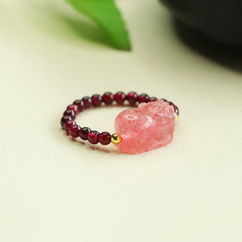 Nimara Ritual Garnet Beads Strawberry Quartz Pixiu Protection Ring