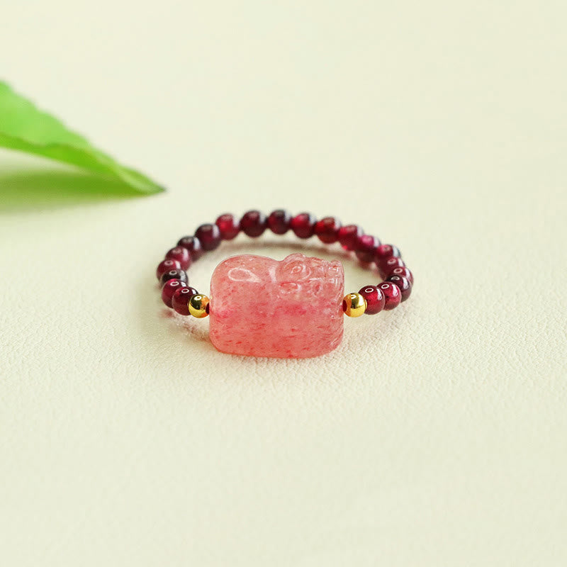 Nimara Ritual Garnet Beads Strawberry Quartz Pixiu Protection Ring