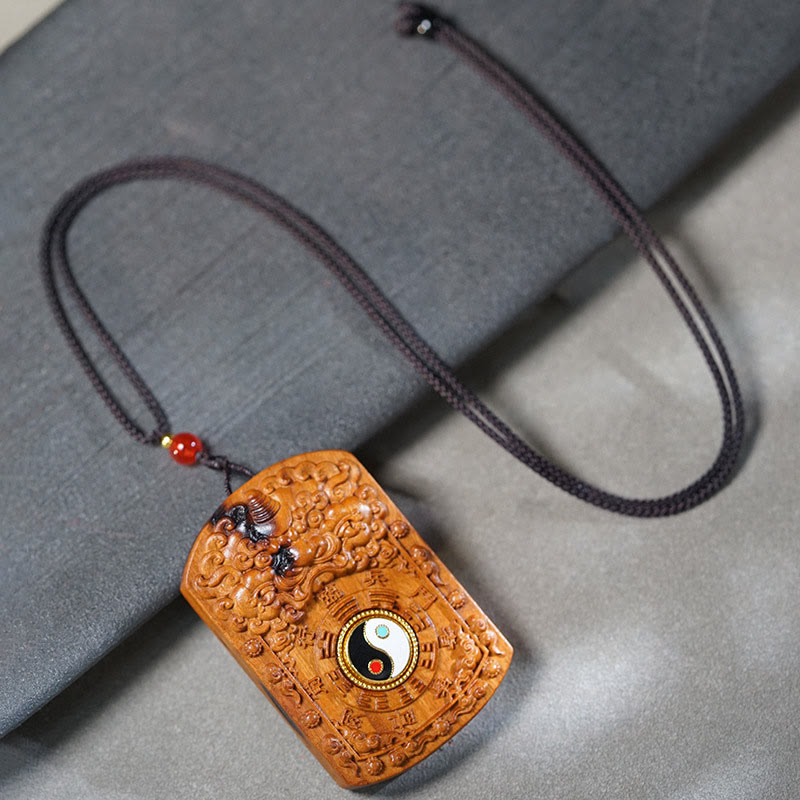 Nimara Ritual Lightning Struck Jujube Wood Dragon Yin Yang Bagua Protection Necklace Pendant