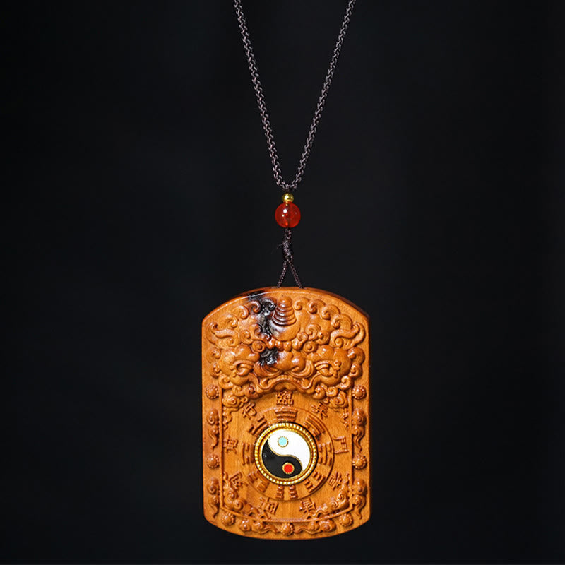 Nimara Ritual Lightning Struck Jujube Wood Dragon Yin Yang Bagua Protection Necklace Pendant