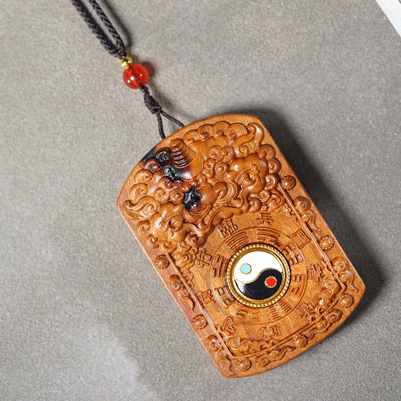 Nimara Ritual Lightning Struck Jujube Wood Dragon Yin Yang Bagua Protection Necklace Pendant