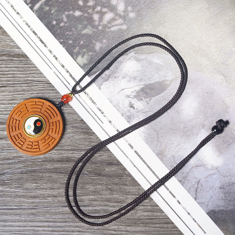 Nimara Ritual Lightning Struck Jujube Wood Yin Yang Bagua Luck Necklace Pendant