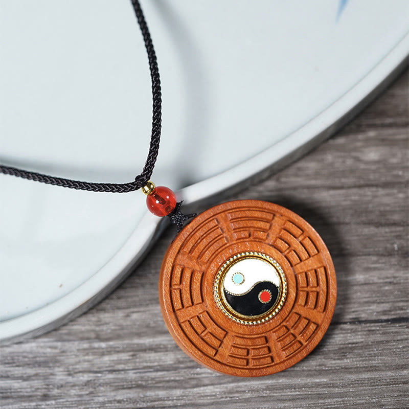 Nimara Ritual Lightning Struck Jujube Wood Yin Yang Bagua Luck Necklace Pendant