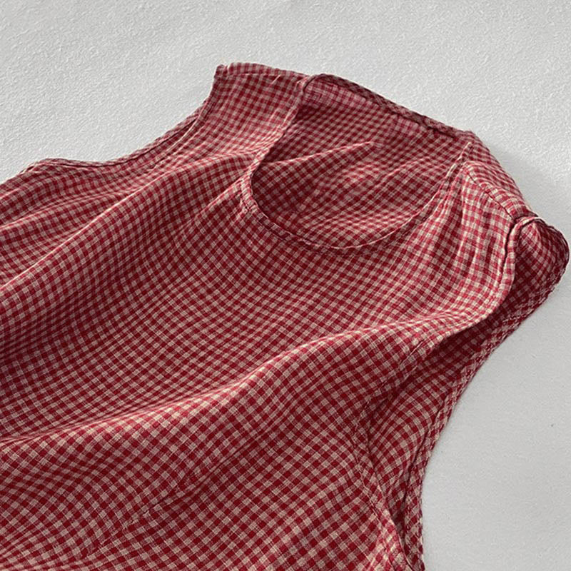 Nimara Ritual Casual Plain Handmade Plaid Midi Dress Cotton Sleeveless Dress With Pockets