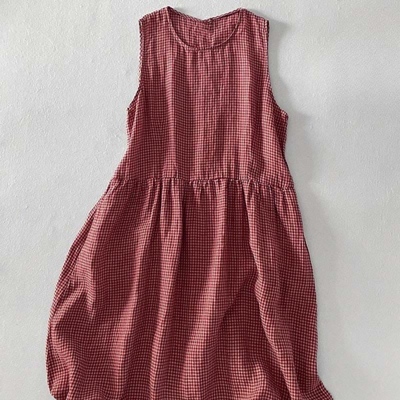 Nimara Ritual Casual Plain Handmade Plaid Midi Dress Cotton Sleeveless Dress With Pockets
