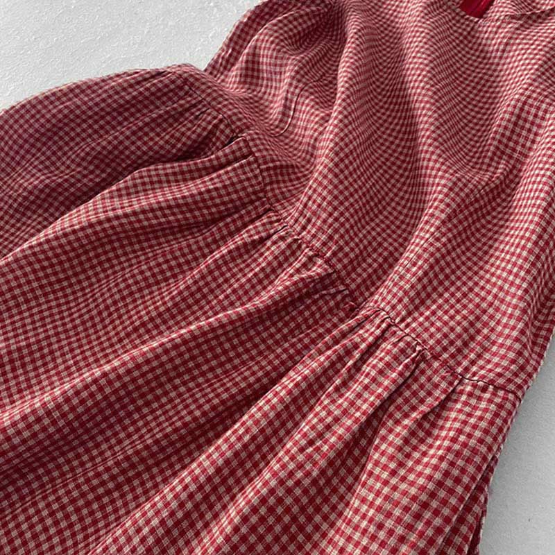 Nimara Ritual Casual Plain Handmade Plaid Midi Dress Cotton Sleeveless Dress With Pockets