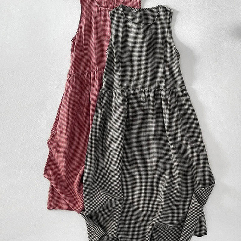 Nimara Ritual Casual Plain Handmade Plaid Midi Dress Cotton Sleeveless Dress With Pockets