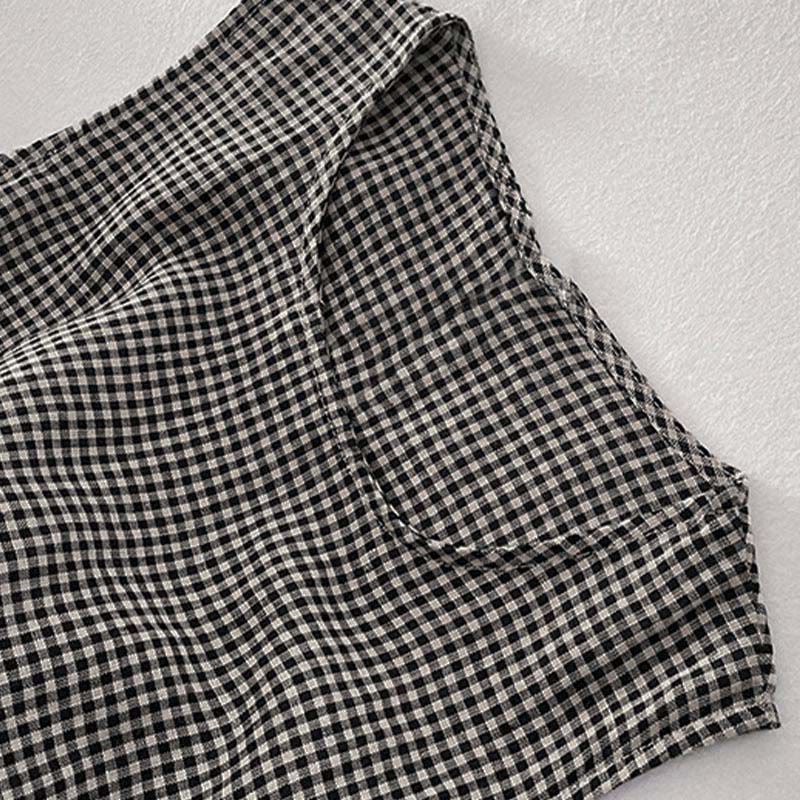 Nimara Ritual Casual Plain Handmade Plaid Midi Dress Cotton Sleeveless Dress With Pockets