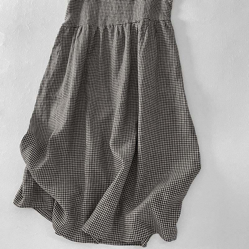 Nimara Ritual Casual Plain Handmade Plaid Midi Dress Cotton Sleeveless Dress With Pockets