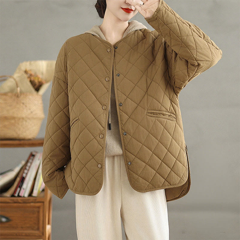 Nimara Ritual Women's Buttons Design Cotton Thermal Diamond-quilted Long Sleeve Jacket With Pockets