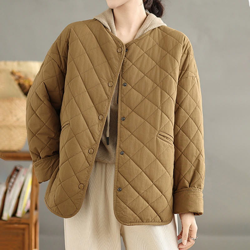 Nimara Ritual Women's Buttons Design Cotton Thermal Diamond-quilted Long Sleeve Jacket With Pockets