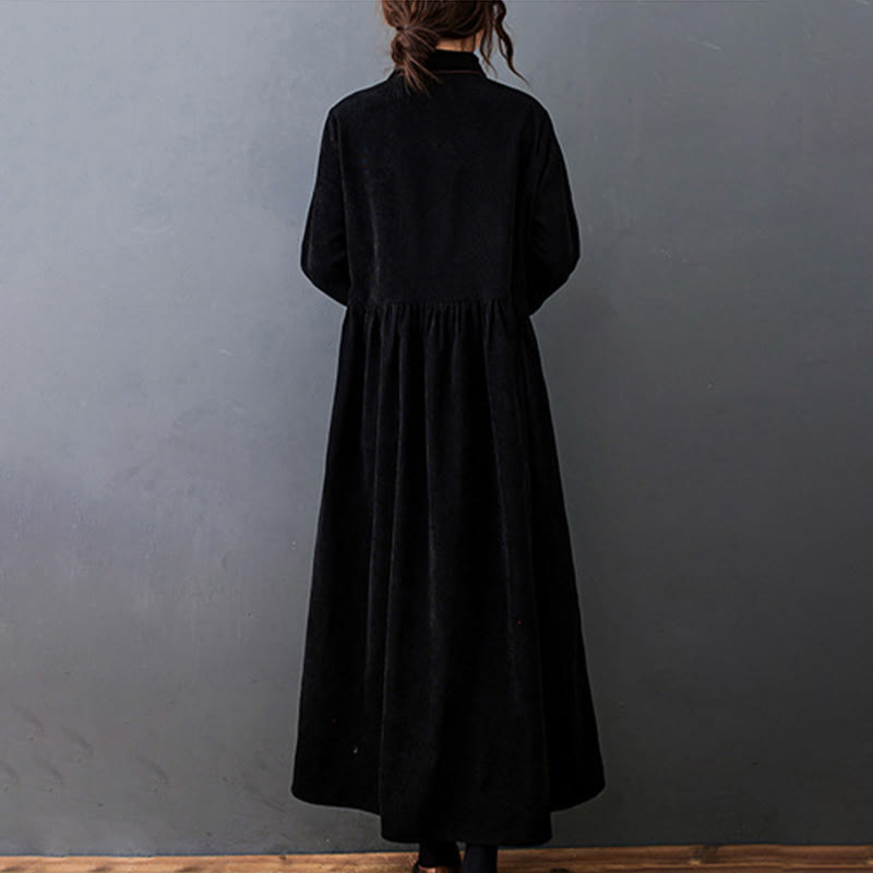Nimara Ritual Fall Buttons Design Long Sleeve Cotton Corduroy Midi Dress With Pockets