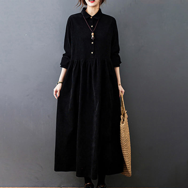 Nimara Ritual Fall Buttons Design Long Sleeve Cotton Corduroy Midi Dress With Pockets