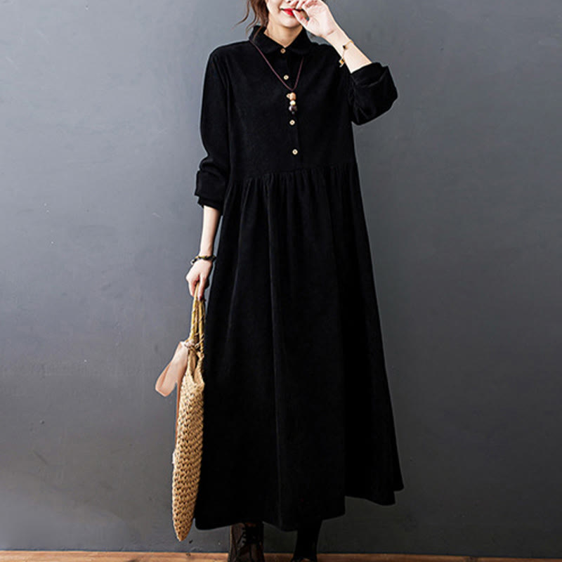 Nimara Ritual Fall Buttons Design Long Sleeve Cotton Corduroy Midi Dress With Pockets