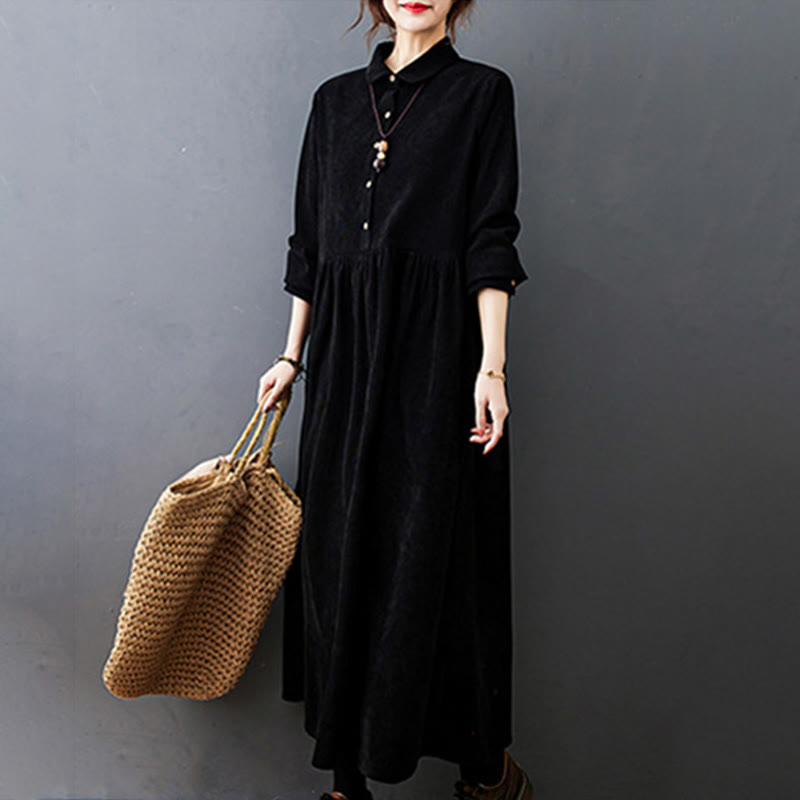 Nimara Ritual Fall Buttons Design Long Sleeve Cotton Corduroy Midi Dress With Pockets