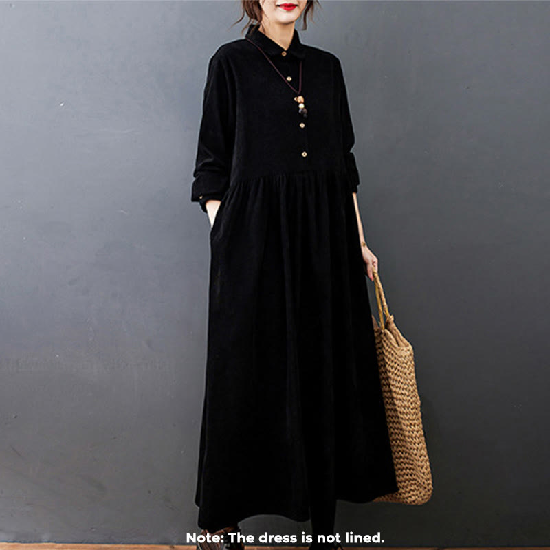 Nimara Ritual Fall Buttons Design Long Sleeve Cotton Corduroy Midi Dress With Pockets