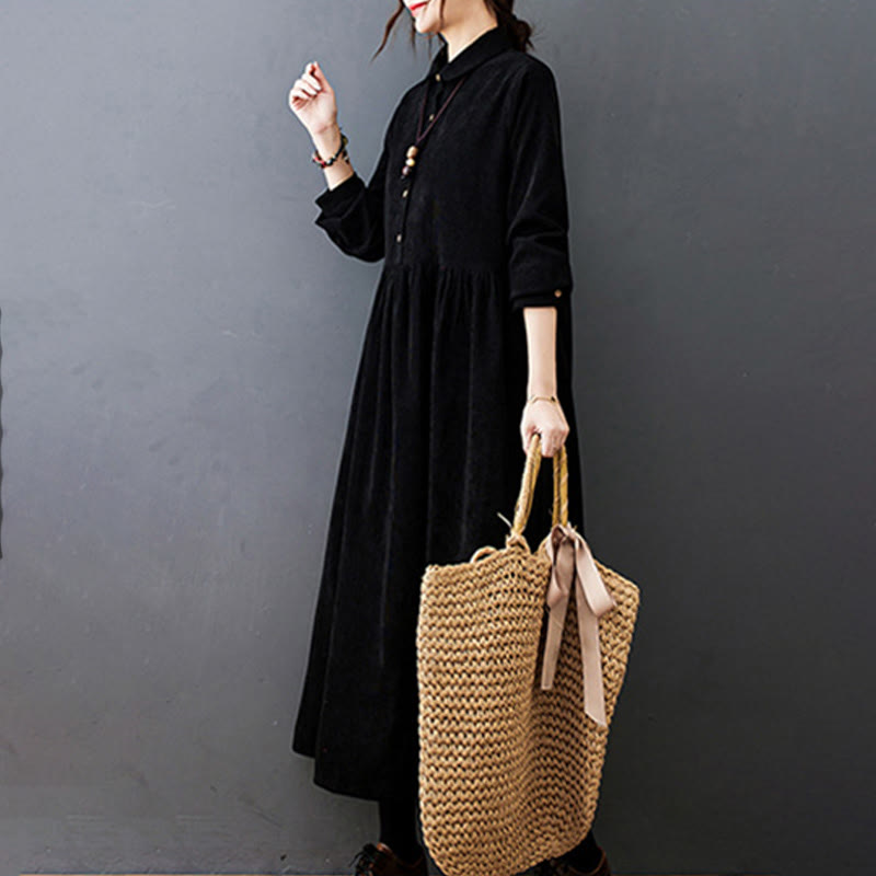 Nimara Ritual Fall Buttons Design Long Sleeve Cotton Corduroy Midi Dress With Pockets