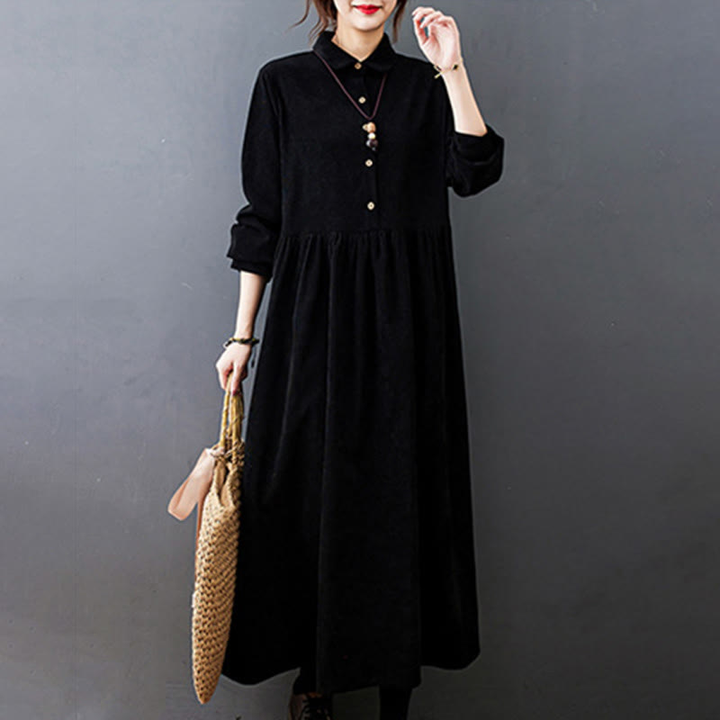 Nimara Ritual Fall Buttons Design Long Sleeve Cotton Corduroy Midi Dress With Pockets