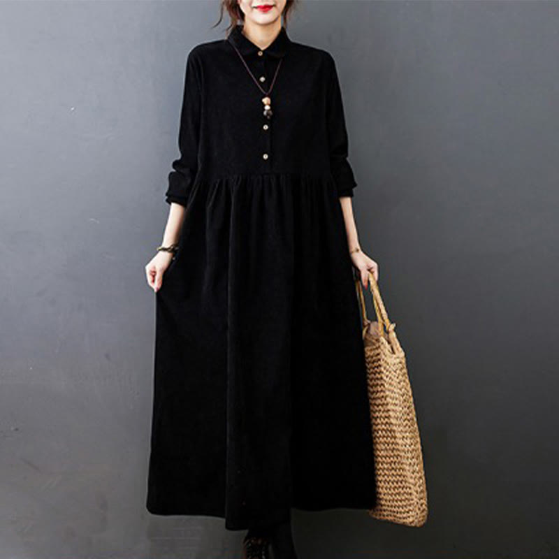 Nimara Ritual Fall Buttons Design Long Sleeve Cotton Corduroy Midi Dress With Pockets