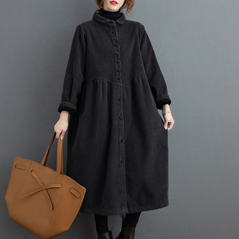 Nimara Ritual Plain Buttons Long Sleeve Women's Corduroy Fleece-Lined Coat With Pockets