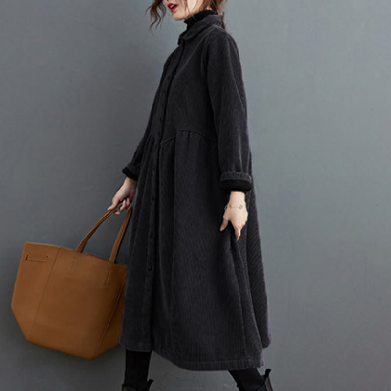 Nimara Ritual Plain Buttons Long Sleeve Women's Corduroy Fleece-Lined Coat With Pockets