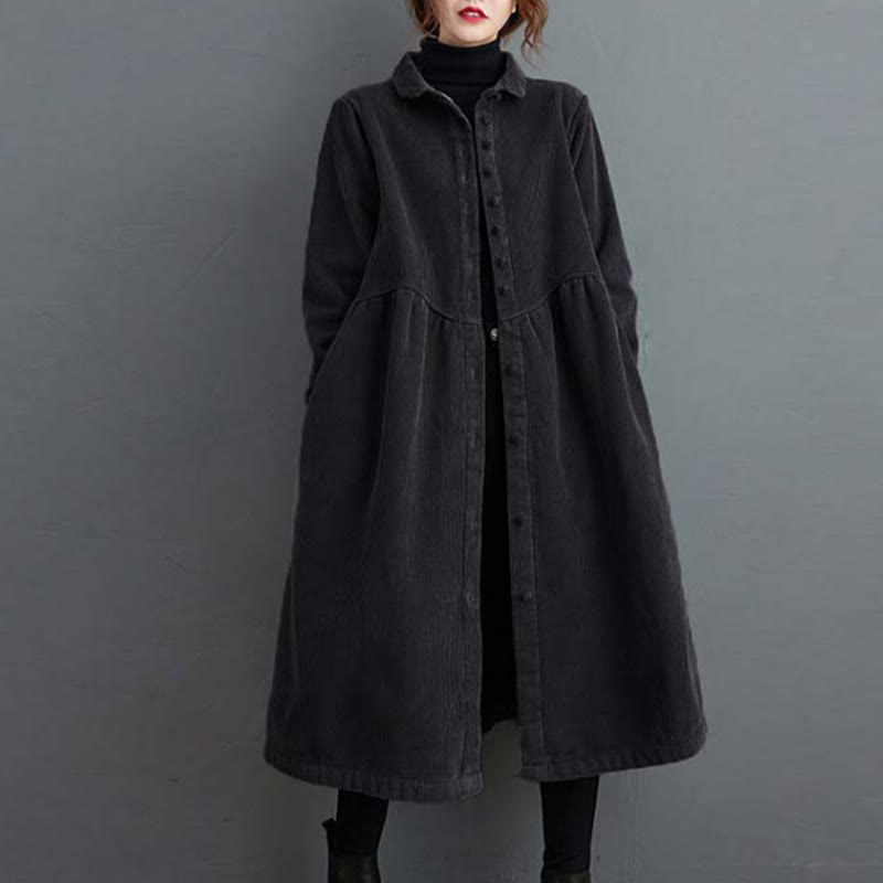 Nimara Ritual Plain Buttons Long Sleeve Women's Corduroy Fleece-Lined Coat With Pockets