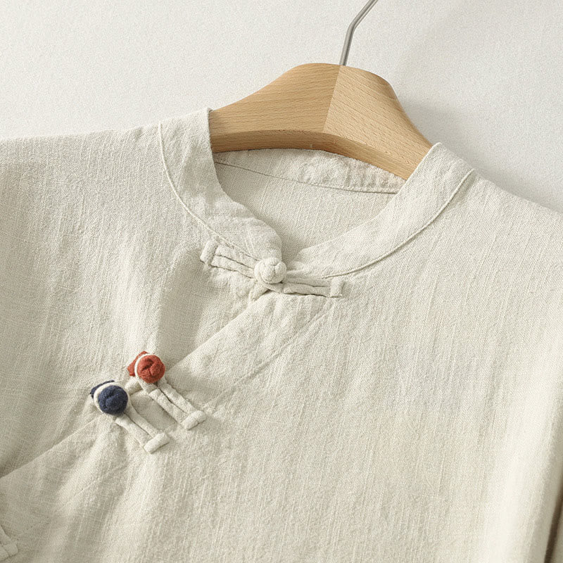 Nimara Ritual Spring Diagonal Closure Frog Buttons Design Cotton Long Sleeve Midi Dress