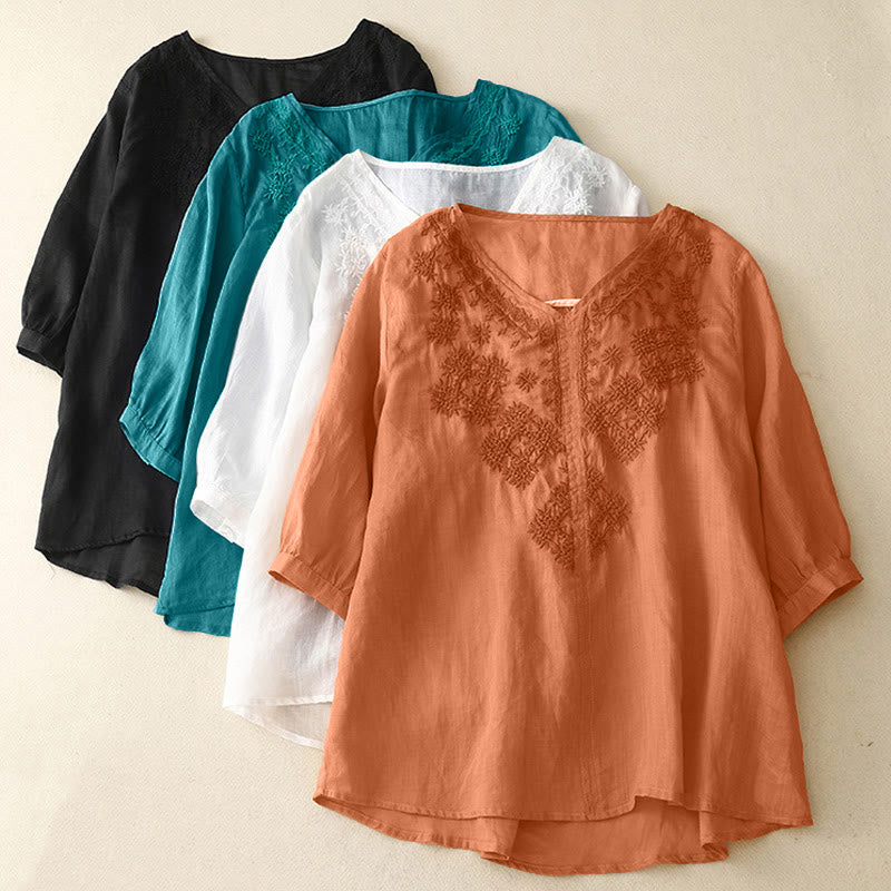 Nimara Ritual V-Neck Lines Embroidery Women's Half Sleeve Shirt