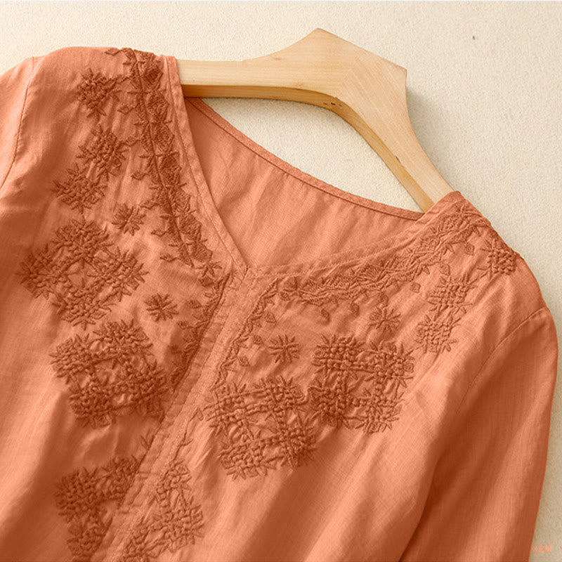 Nimara Ritual V-Neck Lines Embroidery Women's Half Sleeve Shirt