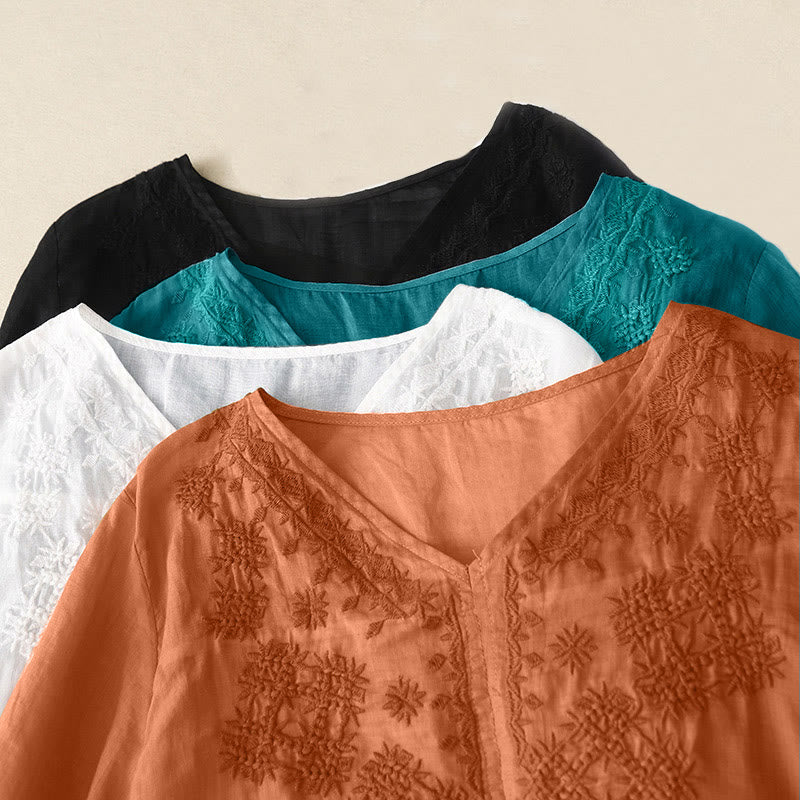 Nimara Ritual V-Neck Lines Embroidery Women's Half Sleeve Shirt