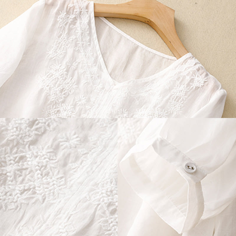 Nimara Ritual V-Neck Lines Embroidery Women's Half Sleeve Shirt