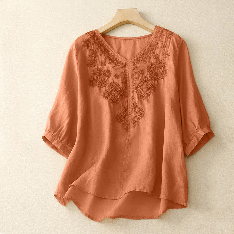 Nimara Ritual V-Neck Lines Embroidery Women's Half Sleeve Shirt