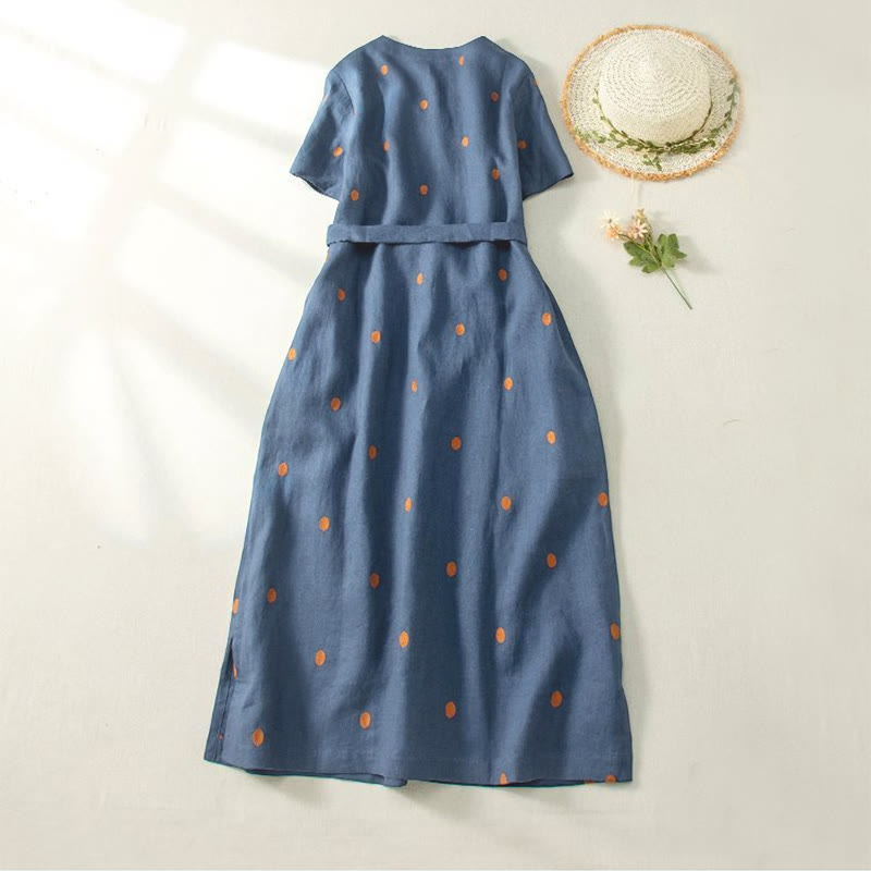 Nimara Ritual Casual Dot Pattern Short Sleeve Lace-up Cotton Linen Women's Midi Dress With Pockets