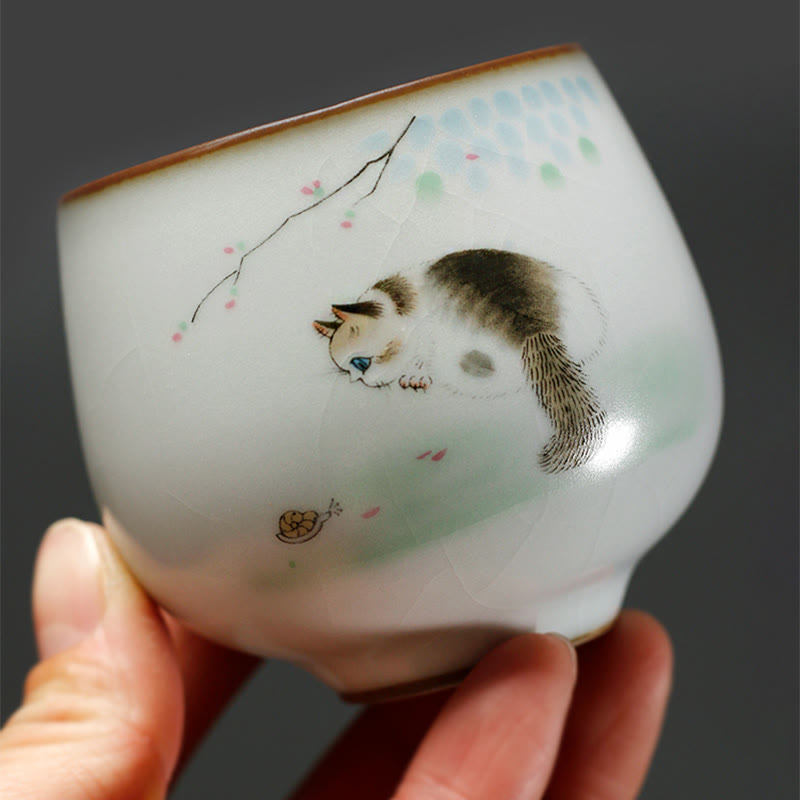 Nimara Ritual Cute Cat Branches Teacup Kung Fu Tea Cup With Gift Box