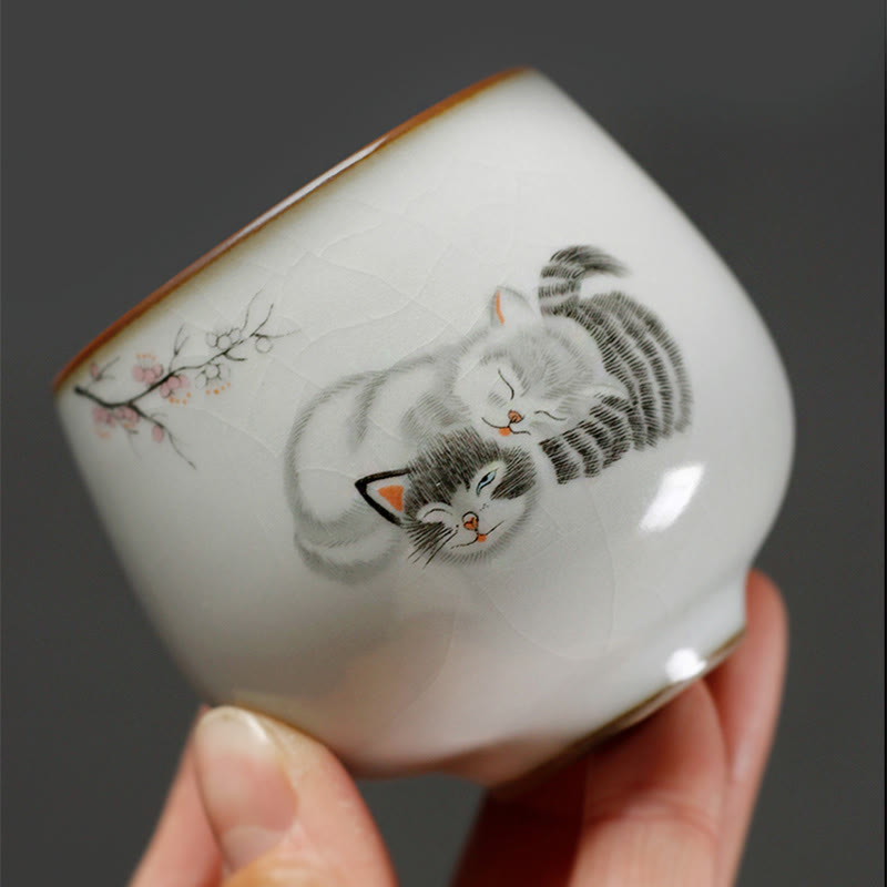 Nimara Ritual Cute Cat Branches Teacup Kung Fu Tea Cup With Gift Box