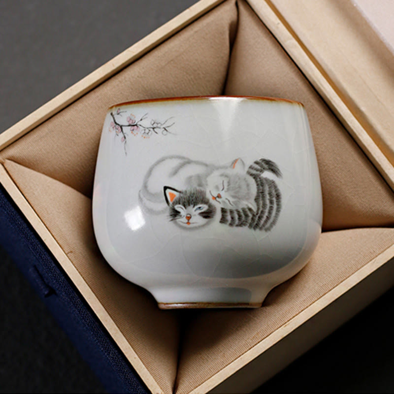 Nimara Ritual Cute Cat Branches Teacup Kung Fu Tea Cup With Gift Box