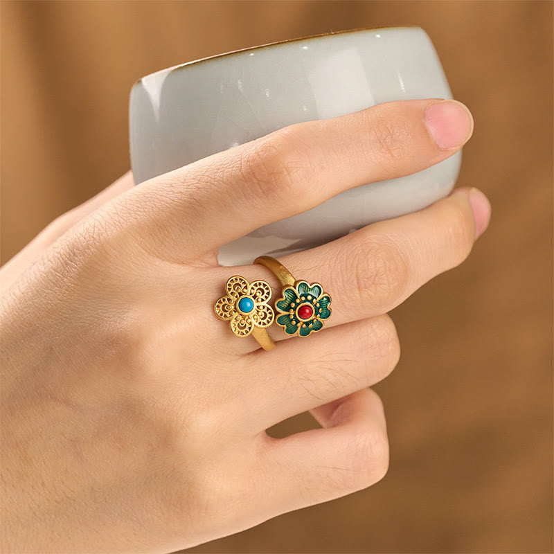 Nimara Ritual Double Petals Copper Dripping Turquoise Wealth Ring