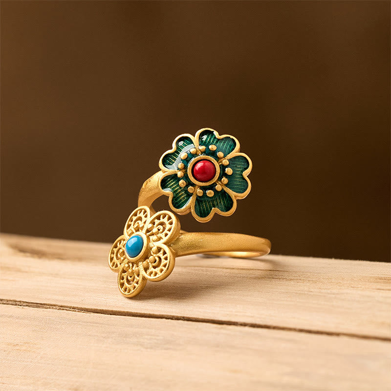 Nimara Ritual Double Petals Copper Dripping Turquoise Wealth Ring