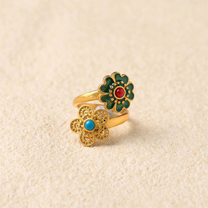 Nimara Ritual Double Petals Copper Dripping Turquoise Wealth Ring
