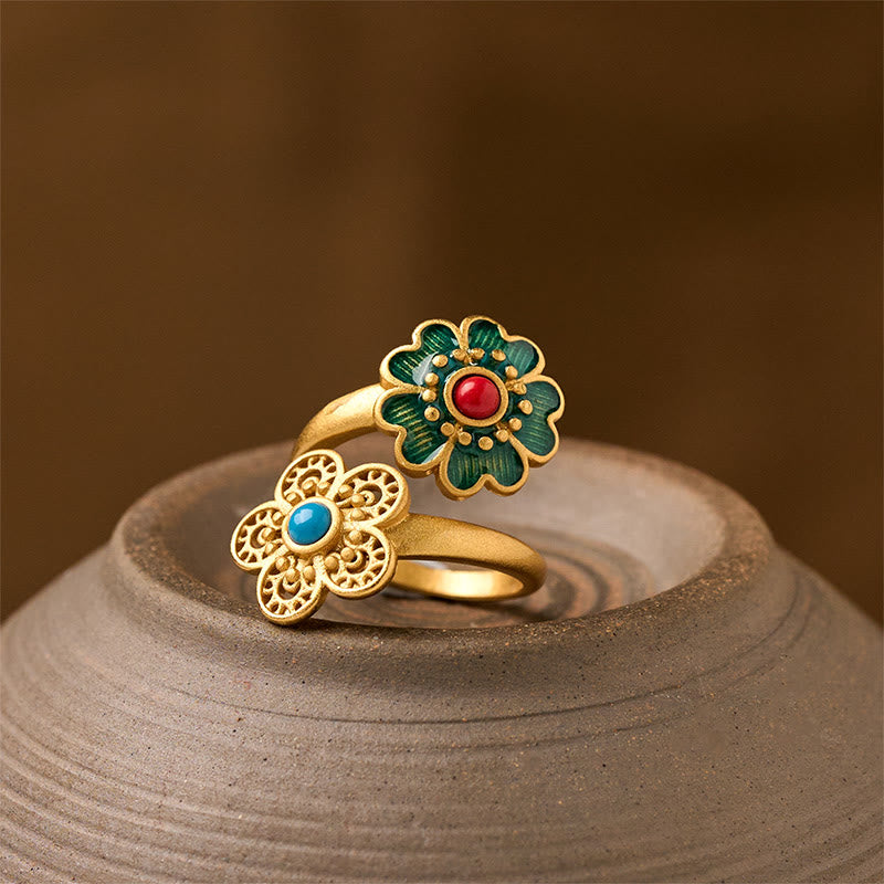 Nimara Ritual Double Petals Copper Dripping Turquoise Wealth Ring