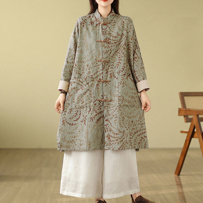Nimara Ritual Frog-button Vine Leaves Women's Coat With Pockets