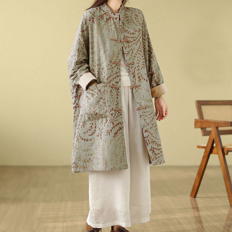 Nimara Ritual Frog-button Vine Leaves Women's Coat With Pockets
