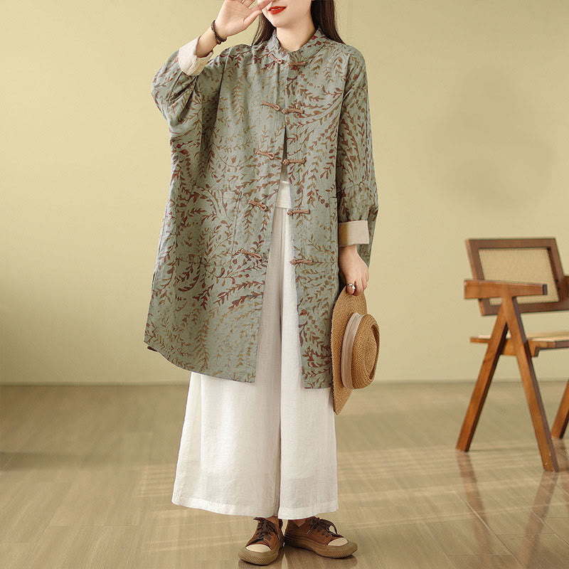 Nimara Ritual Frog-button Vine Leaves Women's Coat With Pockets