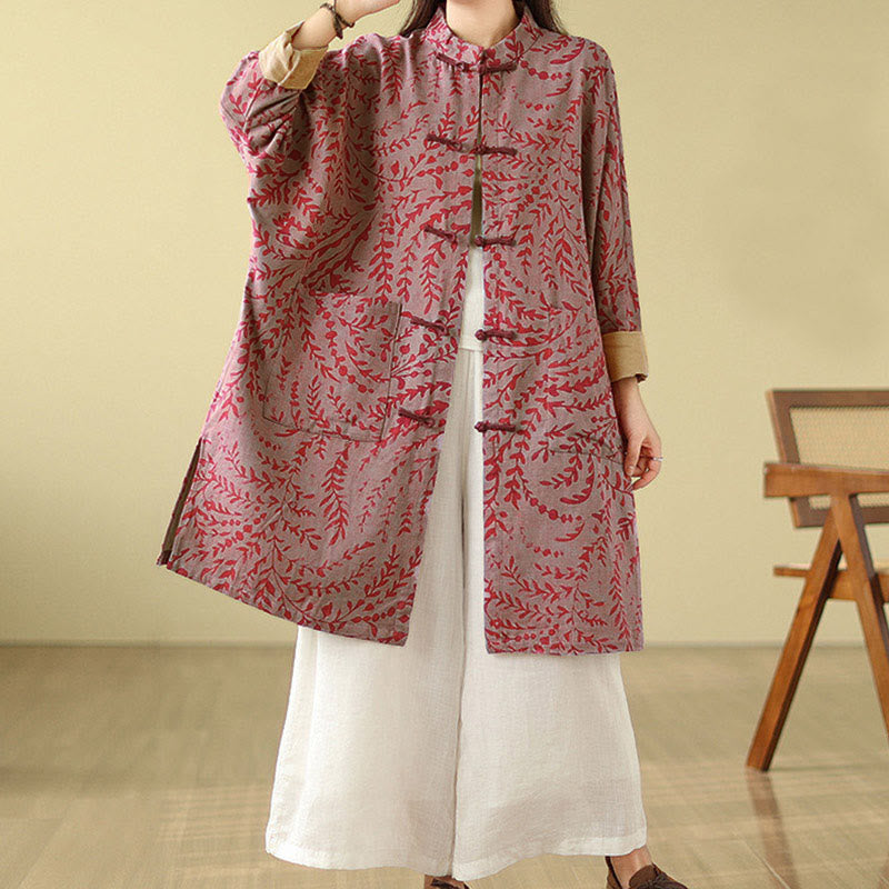 Nimara Ritual Frog-button Vine Leaves Women's Coat With Pockets
