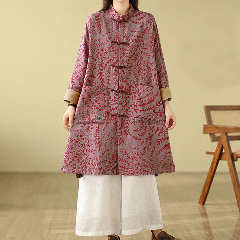 Nimara Ritual Frog-button Vine Leaves Women's Coat With Pockets