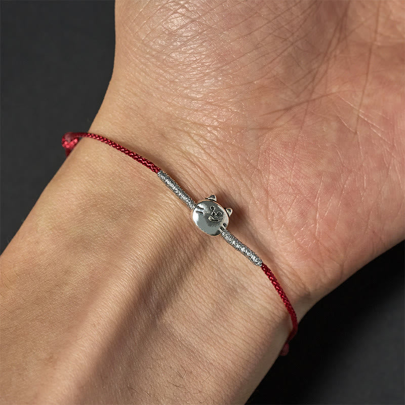 Nimara Ritual 925 Sterling Silver Cute Cat Red String Braided Bracelet