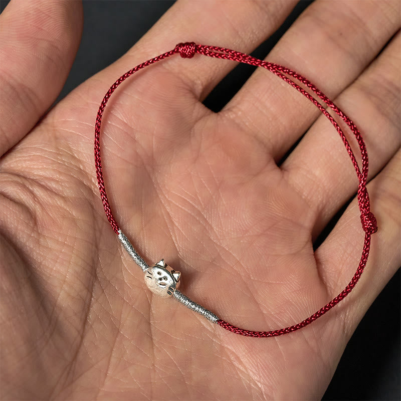 Nimara Ritual 925 Sterling Silver Cute Cat Red String Braided Bracelet