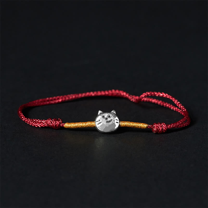 Nimara Ritual 925 Sterling Silver Cute Cat Red String Braided Bracelet